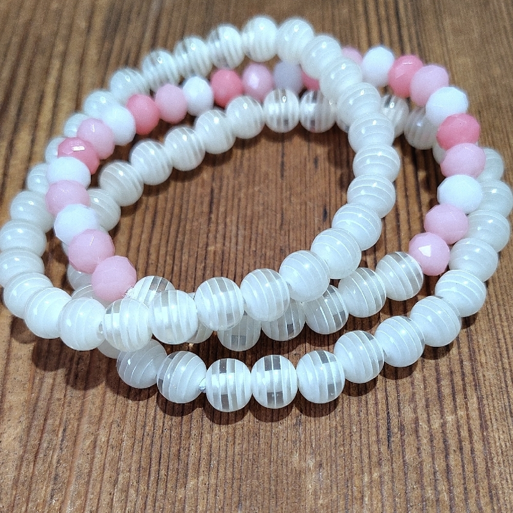 Ladies Set of Three Stretchy Bracelets,  White and Pink Set of Bracelets